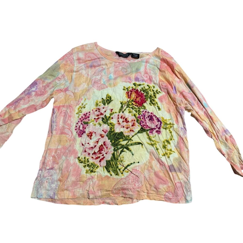 Take Two Women's V-Neck 3/4 Sleeve Pink Flower Top L Cotton Sequins